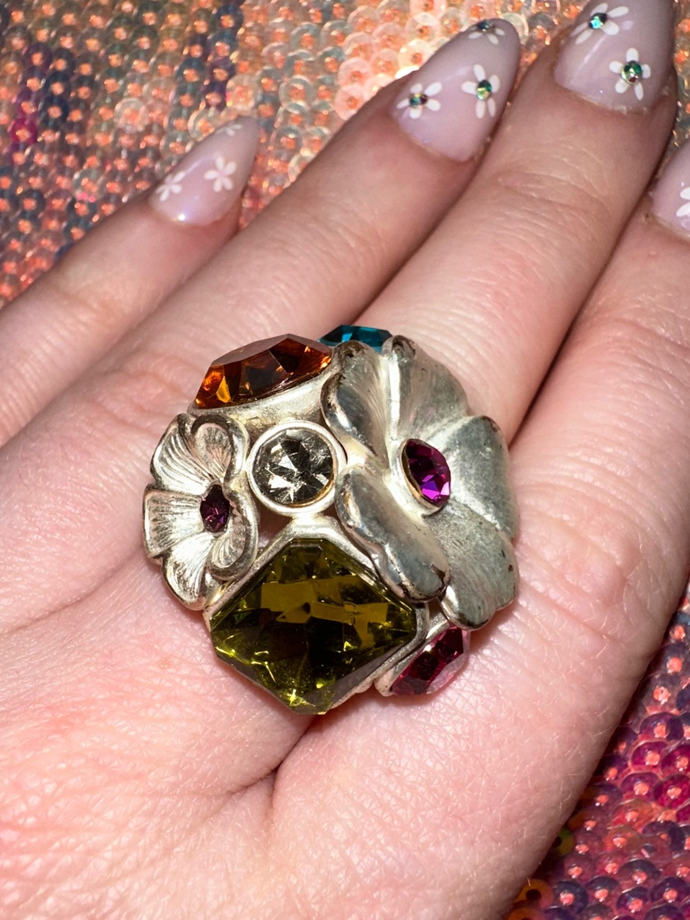 Express • Colorful Floral Rhinestone Cluster Stretch Ring